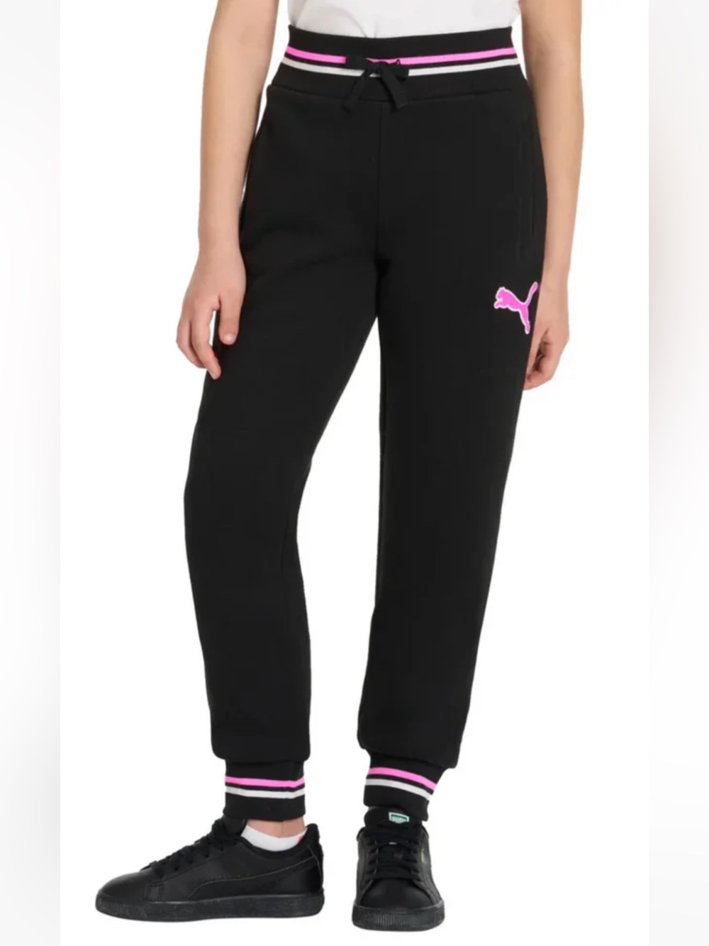 Puma Black Joggers with Pink Logo and Stripe Cuffs